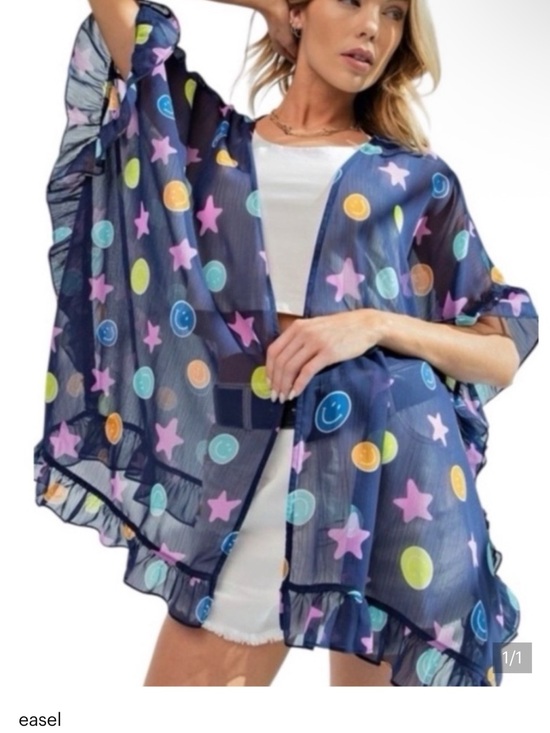 Easel Los Angeles Sweaters - Easel Navy Sheer Star & Smileprint Kimono Cardigan
